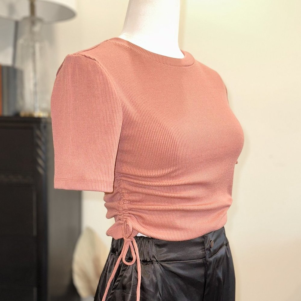 Dusty Pink Ribbed Top with Adjustable Side Rushing